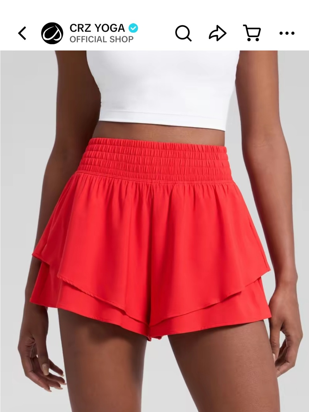 CRZ YOGA Red double ruffled, drapey Layered Smocked-Waist Skort Shorts